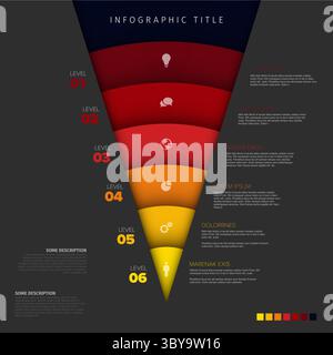 Un modello infografico a imbuto multilivello con fasi e icone colorate vivaci, per i processi aziendali. Modello infografico a imbuto perfetto per p Illustrazione Vettoriale