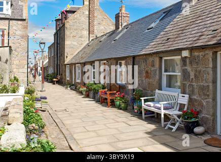 Aberdeen Harbour Footdee o villaggio di pescatori di Fittie una strada con fiori in pentole decorata durante la corsa delle navi alte Foto Stock