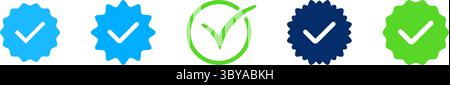 Una serie di cinque distintivi verificati, con segni di spunta all'interno di forme stilizzate in blu, verde e blu scuro. Illustrazione Vettoriale