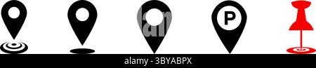 Una serie di cinque distinte icone di puntini della mappa in nero, tra cui un marcatore di parcheggio e un marcatore di puntamento rosso con un puntino. Illustrazione Vettoriale