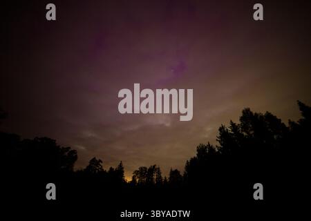 Forte aurora boreale sopra la foresta. Tempesta geomagnetica e paesaggio notturno. Foto Stock
