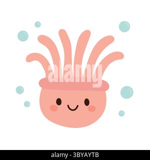 Grazioso anemone rosa con tentacoli e viso sorridente galleggia con bolle in un'illustrazione stravagante a cartoni animati sull'oceano, perfetta per i disegni a tema marino dei bambini Illustrazione Vettoriale