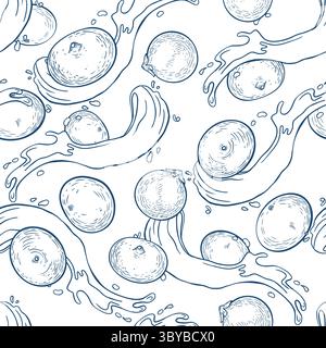 Bacche d'acai su spremute, motivo vettoriale monocromatico senza cuciture isolato su bianco. Esotici bacche amazon fresche, frutta tropicale disegnata a mano e ripetuta Illustrazione Vettoriale