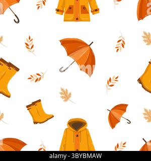 Motivo vettoriale senza cuciture con impermeabile, stivali in gomma gialla, foglie autunnali e ombrello arancione su sfondo bianco. Perfetto per design stagionali, tessuti, carta da imballaggio e prodotti per bambini. Illustrazione Vettoriale