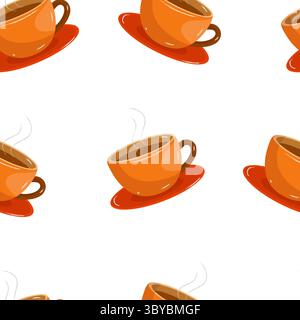 Motivo vettoriale senza cuciture con tazze di caffè arancioni sui piattini, design a tema autunnale su sfondo bianco. Perfetto per imballaggi, tessuti, carta da imballaggio e progetti di arredamento stagionali. Illustrazione Vettoriale