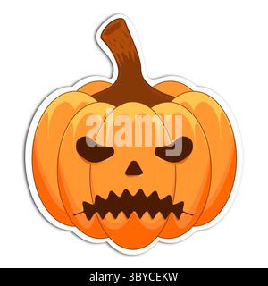 Spaventosa zucca Jack-o-lanterna con faccia minacciosa e stelo marrone Illustrazione Vettoriale