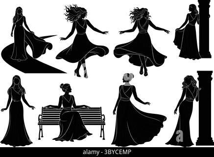 Set di eleganti silhouette da donna con lunghi abiti da sera e collezione di illustrazioni vettoriali. Illustrazione Vettoriale