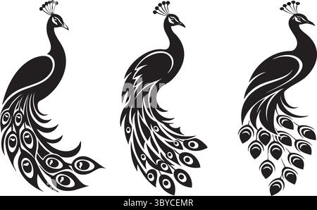 Elementi di design in bianco e nero Tribal Peacock Illustrazione Vettoriale