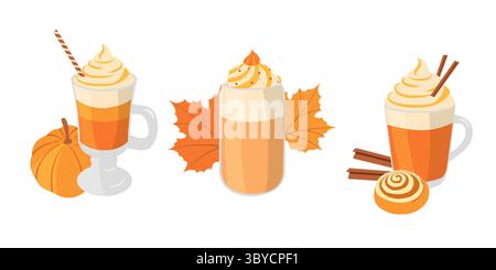 Collezione di piatti vettoriali per le feste autunnali con latte di zucca, foglie, rotolo di cannella, coni per waffle, zucca. Set disegnato a mano per poster e striscioni Illustrazione Vettoriale