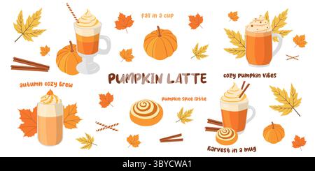 Set vettoriale piatto a tema autunnale con latte di zucca Illustrazione Vettoriale
