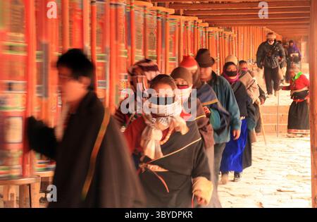 2 febbraio 2012, XIAHE, PROVINCIA DI GANSU, CINA: Nomadi tibetani, pellegrini e monaci girano colorate ruote di preghiera intorno al Monastero di Labrang, il più grande monastero tibetano fuori da Lhasa, prima del Festival tibetano di Monlam a Xiahe, provincia di Gansu sull'altopiano tibetano, 2 febbraio 2012. Decine di migliaia di tibetani celebrano il nuovo anno tibetano giungendo in questa città e nel suo monastero di Labrang, la cui separazione dalla regione autonoma tibetana fornisce una misura di protezione dai tentativi cinesi Han di regolare la loro cultura. (Immagine di credito: © Stephen Shaver/ZUM Foto Stock