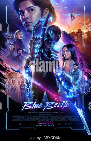 DATA DI RILASCIO: 18 agosto 2023. TITOLO: Blue Beetle. STUDIO: Warner Bros. DIRETTORE: Angel Manuel Soto. TRAMA: Un adolescente messicano trova un coleottero alieno che gli dà un'armatura super potenziata. PROTAGONISTA: XOLO MARIDUENA nel ruolo di Blue Beetle poster art. (Immagine di credito: © Warner Bros/Entertainment Pictures/ZUMAPRESS.com) Foto Stock