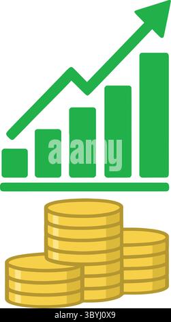 Illustrazione della crescita del profitto aziendale - grafico a barre verde con freccia e pila di monete che simboleggia il successo finanziario, il ROI, gli investimenti online e la tendenza del mercato Illustrazione Vettoriale