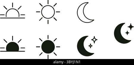 Un set minimalista di sole e luna caratterizzato da alba, sole pieno e luna crescente con stelle. Include versioni con contorno e riempito, ideali per le condizioni atmosferiche Illustrazione Vettoriale