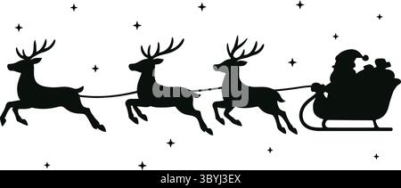 Silhouette in bianco e nero illustrazione di Babbo Natale in una slitta trainata da renne Illustrazione Vettoriale