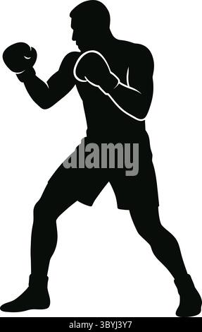 Silhouette di un pugile maschile in posizione di combattimento con guanti. Illustrazione Vettoriale