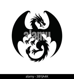 Un'impressionante illustrazione grafica di un drago in silhouette, con le sue ampie ali e il suo carattere feroce. Illustrazione Vettoriale