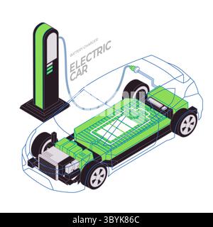 Profilo trasparente dell'auto elettrica caricata in una stazione che rivela il pacco batterie interno e i componenti del motore elettrico che evidenziano il trasporto Illustrazione Vettoriale