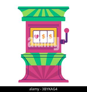 slot machine un bandito armato dotato di tre rulli rotanti che mostrano segni del dollaro e simboli del cuore, una fessura per monete e una leva di trazione Illustrazione Vettoriale