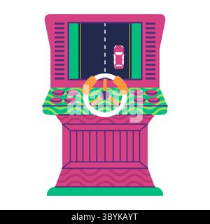 Una vivace immagine vettoriale di un classico schermo di un armadietto per videogiochi arcade che mostra un'auto da corsa con joystick Illustrazione Vettoriale