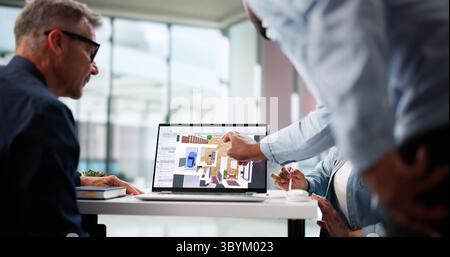 Progettazione CAD 3D innovativa per progetti di ristrutturazione di pavimenti immobiliari. Gruppo diversificato di giovani designer che lavorano insieme Foto Stock