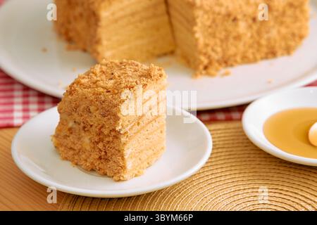 Una deliziosa fetta di torta al miele a strati con un rivestimento di briciole è splendidamente presentata su un piatto bianco, che mette in mostra la sua invitante consistenza e la hu dorata Foto Stock