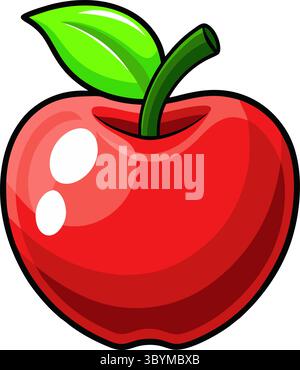 Un'illustrazione in stile cartone animato di una mela rossa lucida con una foglia verde brillante e un breve stelo verde su sfondo bianco. Illustrazione Vettoriale