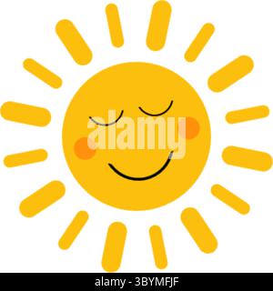 Un sole allegro e disegnato a mano con occhi chiusi, guance rosate e un sorriso dolce, che irradia calore e felicità. I suoi raggi sono raffigurati come corti, arrotondati Illustrazione Vettoriale