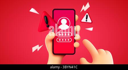 Avviso truffa smartphone. Tenere a mano lo smartphone con avviso di frode. Illustrazione vettoriale Illustrazione Vettoriale