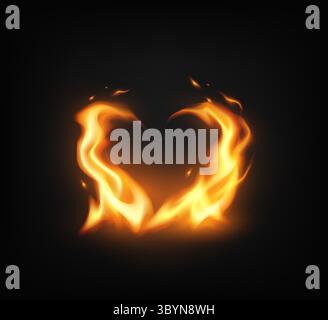 Illustrazione di fiamme a forma di cuore che si illuminano in modo vivace su uno sfondo scuro. Il design dal cuore infuocato cattura la passione e l'intensità con una calda tonalità arancione Illustrazione Vettoriale