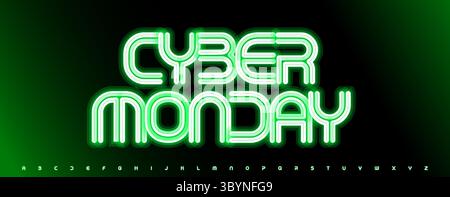 Font cyber Energy con carattere verde brillante. Grassetto alfabeto neon per banner promozionale, cartellone promozionale digitale, vendite Cyber Monday, offerte tecniche, notte Illustrazione Vettoriale