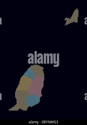 Mappa punteggiata di Grenada. Mappa digitale del paese su sfondo scuro. Forma di Grenada con punti circolari. Stile puntini colorati. Cerchi di piccole dimensioni. Illustrazione Vettoriale