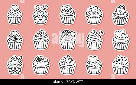 Set di adesivi cupcake di San Valentino, decorati con cuori, rose, frecce e fiocchi, stile semplice e carino. Per disegni romantici o festivi, biglietti di San Valentino, adesivi, inviti, marchi di prodotti da forno Illustrazione Vettoriale
