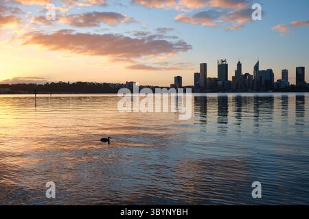 Tramonto colorato dalla costa sud di Perth con vista sul CBD di Perth, riflessioni sul fiume Swan e un'anatra, South Perth, Australia Occidentale Foto Stock