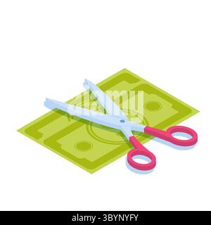 Le forbici tagliano i soldi. Simbolo Dividi denaro, Condividi profitti o sconti concept di vendita. Riduzione dei costi o riduzione dei prezzi. . Illustrazione isometrica vettoriale. Illustrazione Vettoriale
