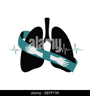 Polmone nero nastro di tè mani bianche battito cardiaco linea di consapevolezza grafica, giornata mondiale del cancro ai polmoni. Illustrazione Vettoriale