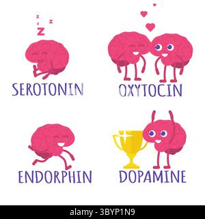 Premiare il concetto chimico di salute ormonale con il carattere carino del cervello. Serotonina Endorphin Oxytocin dopamina. Illustrazioni vettoriali Illustrazione Vettoriale
