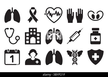 Icone e simboli di consapevolezza del giorno mondiale del cancro ai polmoni Illustrazione Vettoriale