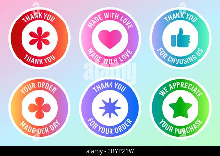 Fatto con amore, grazie per gli adesivi per gli ordini. Perfetto per le piccole imprese e per il confezionamento di prodotti fatti a mano. Set di etichette. Gratitudine verso i clienti. Illustrazione Vettoriale