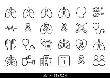 Raccolta di icone e simboli World lung Cancer Day Illustrazione Vettoriale