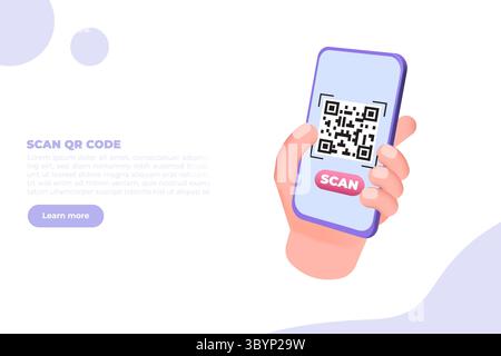 Utilizzare lo smartphone per la scansione del codice QR. Illustrazione vettoriale 3d per banner, sito Web, landing page, volantino. Illustrazione Vettoriale