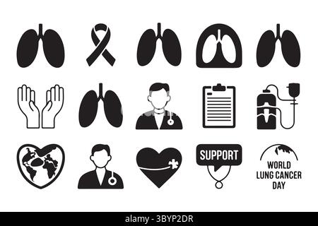 Icone che rappresentano la consapevolezza della salute dei polmoni e il supporto medico Illustrazione Vettoriale