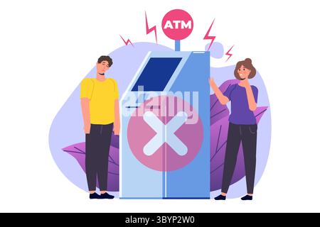 Errore ATM. Niente soldi e clienti tristi in giro. Problemi con il bancomat Illustrazione Vettoriale