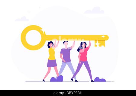 Il lavoro di squadra tiene la chiave, la chiave per il successo, il concetto di risoluzione del problema del team. Illustrazione vettoriale. Illustrazione Vettoriale