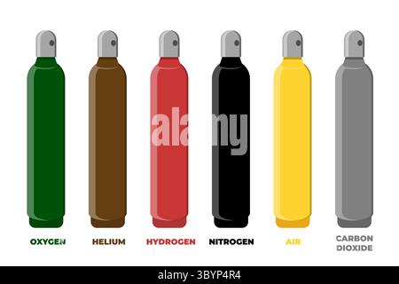 Set di colori per l'identificazione della bombola di stoccaggio del gas compresso. Illustrazione vettoriale. Illustrazione Vettoriale