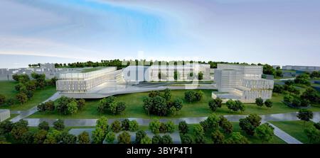 esterno dell'edificio del centro commerciale con rendering in 3d. Foto Stock