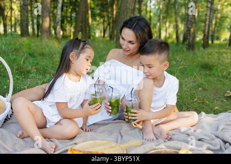 Picnic in famiglia all'aperto in estate, mamma e bambini bevono limonata insieme nella natura verde Foto Stock