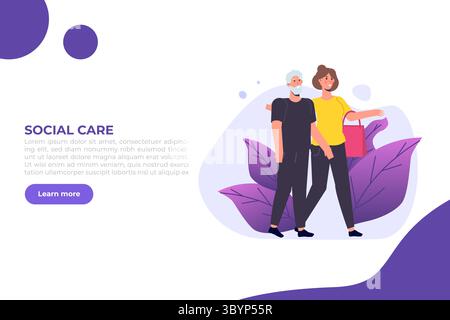 Assistenti sociali o volontariato per gli anziani. Illustrazione vettoriale. Illustrazione Vettoriale