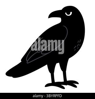 Semplice disegno di corvo a cartoni animati stilizzato. Silhouette in bianco e nero per logo o stampa. Illustrazione della clipart vettoriale. Illustrazione Vettoriale