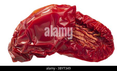 O secchi conditi prugna secca metà pomodoro, isolato Foto Stock